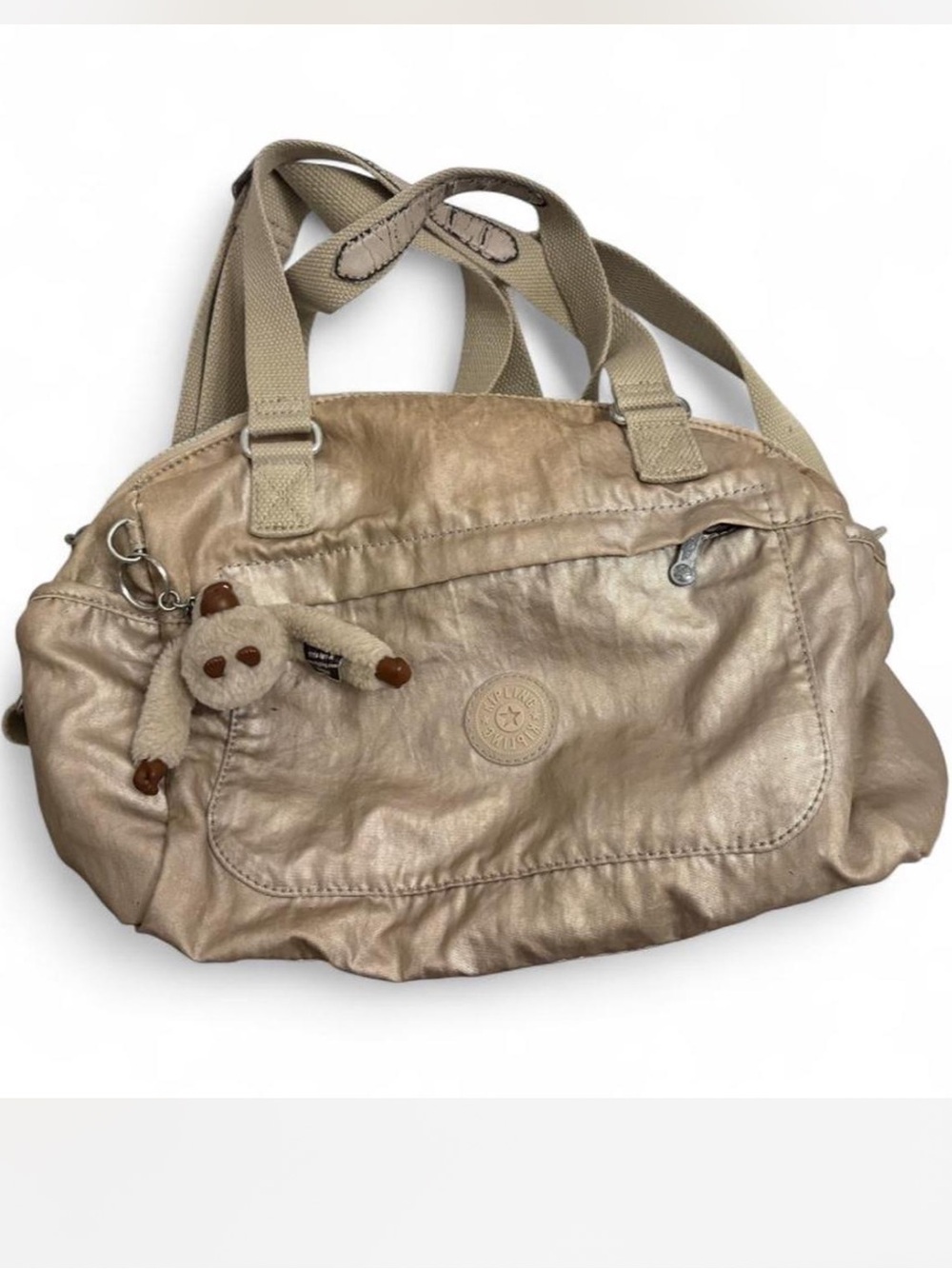 Kipling Metallic Beige Shoulder Tote with Monkey Keychain